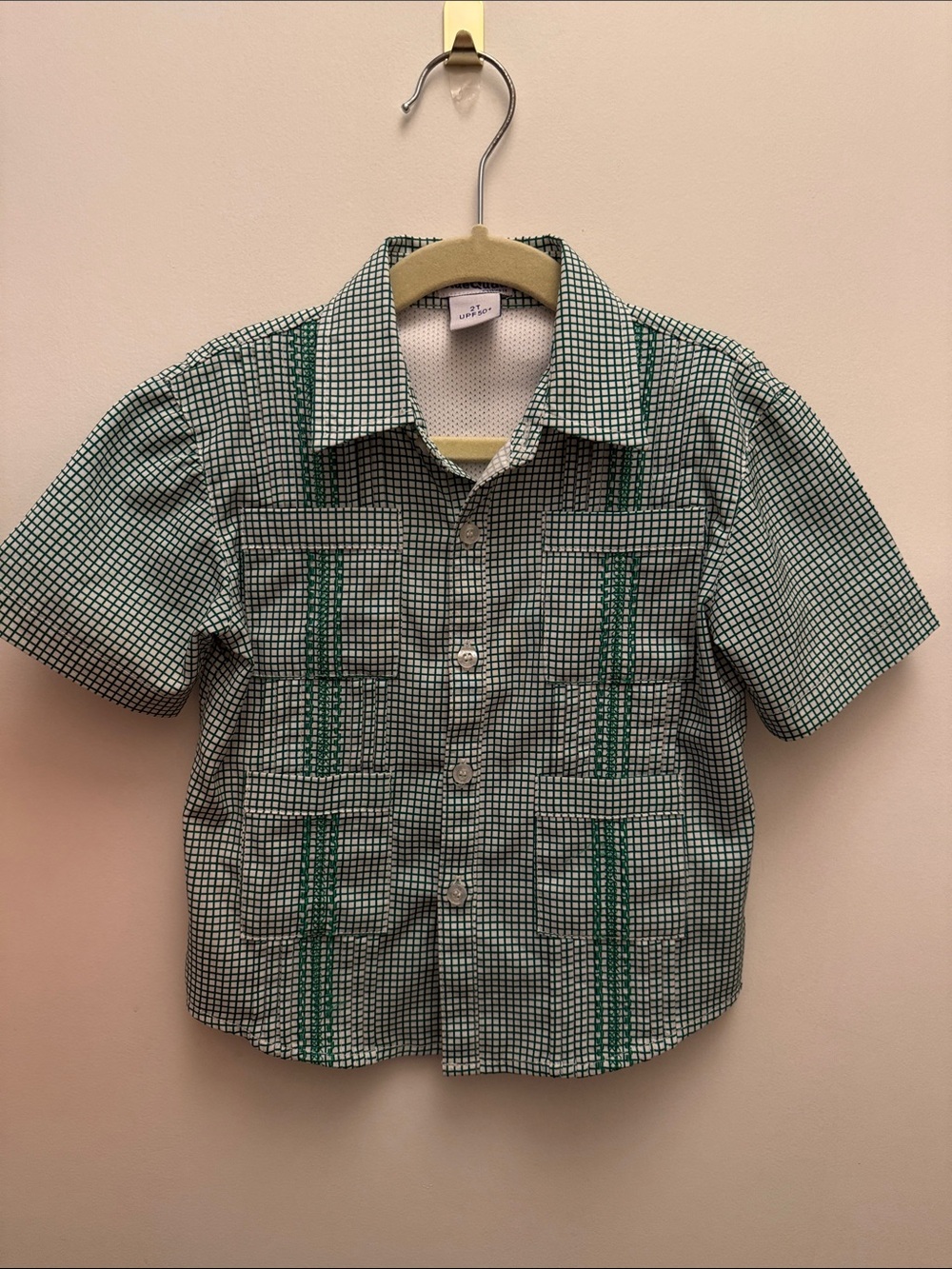 Boys Green Check performance embroidered fishing shirt - Guayabera style - Picture 1 of 3